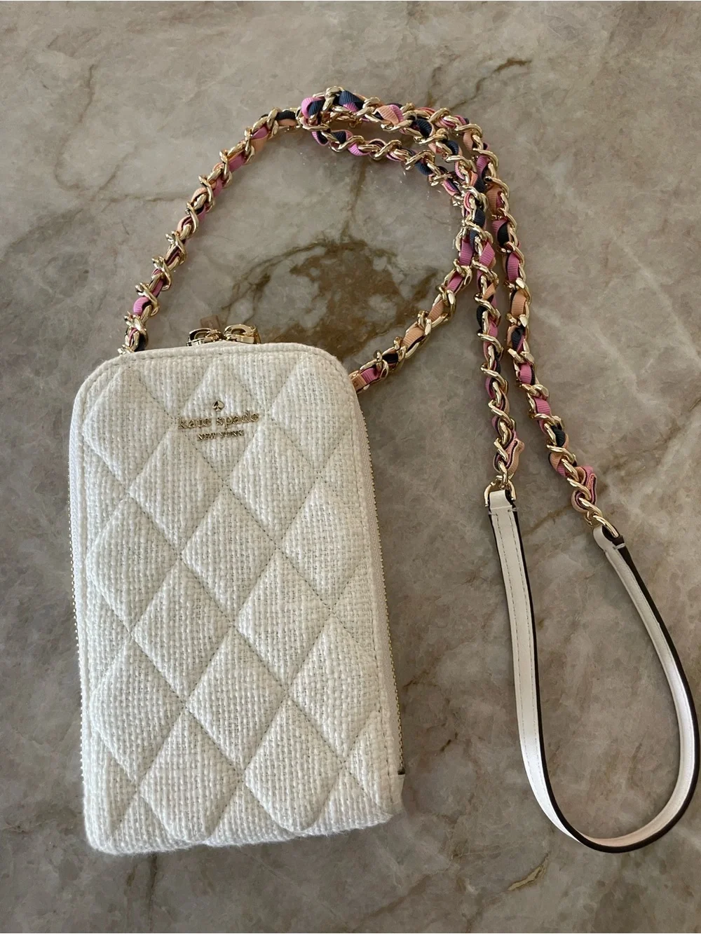 kate spade cream quilted mini crossbody with pink and black woven chain